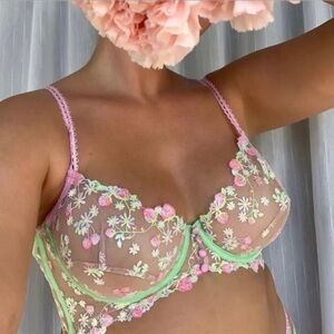 For Love & Lemons Tutti Frutti Bra – Sheer Embroidered Mesh, Pink Green Floral